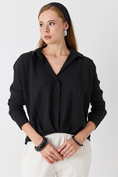 Juuuj Black Lightly Transparent Shirt with Collar, Loose-Fitting, Short Front...