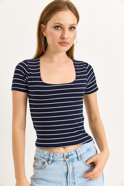 Juuuj Navy Blue Cotton Flexible Textured Square Neck Short Sleeve Striped Pat...