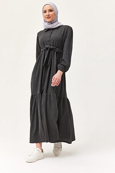 Juuuj Smoked Textured Fabric Half Buttoned Belted Waist Long Sleeve Relaxed F...