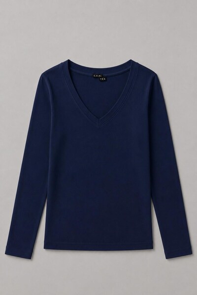 Juuuj Navy Blue Viscose Lycra Stretch Fabric V-Neck Long Sleeve Comfortable F...