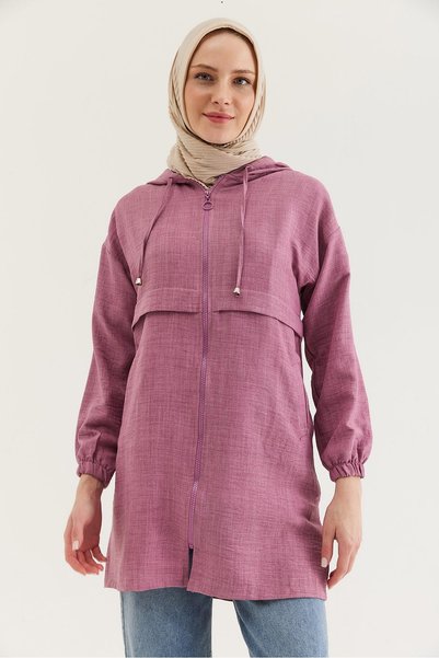 Generic Brand Șapcă Araboy cu textură de in, amestec de viscoză, cu glugă și fermoar, cu detaliu mânecă elastică, culoare Dusty Rose.