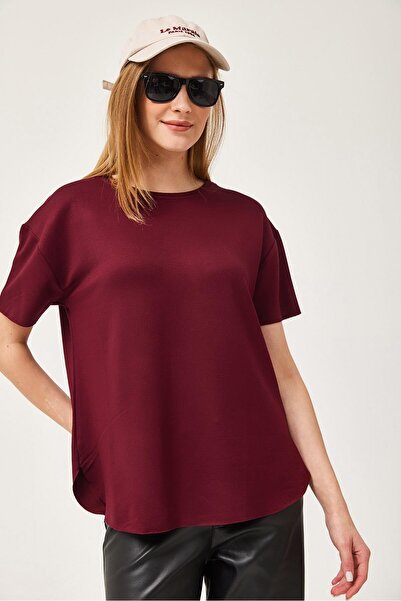 Juuuj Burgundy Soft Textured Cotton Crew Neck Short Sleeve Modal T-Shirt with...