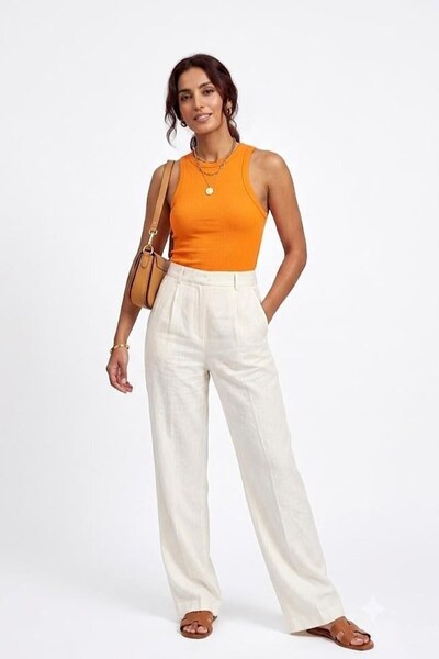 Juuuj Orange Stretchy Ribbed Textured Crew Neck Sleeveless Bodysuit Blouse wi...