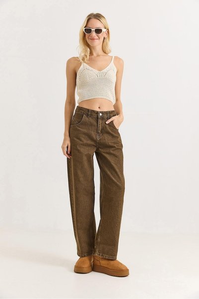 Juuuj Brown Denim Fabric High Waist Wide Leg Pockets Relaxed Fit Jean Trousers Jeans