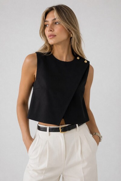 Juuuj Black Stretch Fabric Crew Neck Lined Crop Vest with Gold Button Detail ...