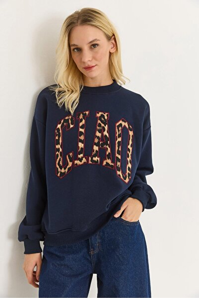 Juuuj Navy Blue Cotton Blend Crew Neck Drop Shoulder Leopard Print Three Yarn...