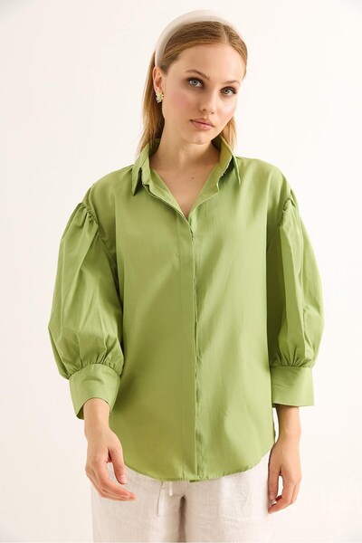 Juuuj Green Woven Fabric Shirt with Collar, Balloon Sleeves, Loose Fit and Cu...