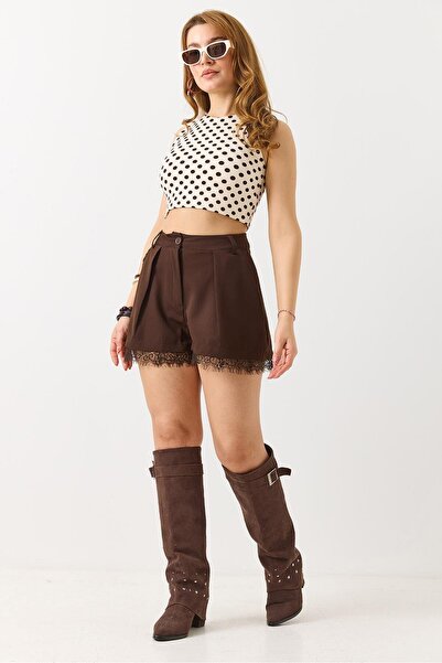 Juuuj Brown Woven Fabric Shorts with Elastic Waist, Adjustable Detail, and La...