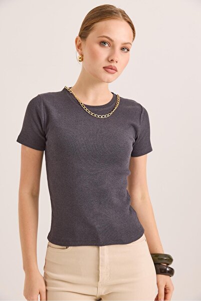 Juuuj Smoked Cotton Lycra Knitted Camisole Round Neck Chain Detailed Short Sl...