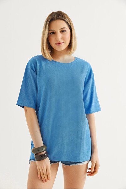 Juuuj Blue Cotton Blend Fabric Crew Neck Short Sleeve Basic Comfortable Fit T...