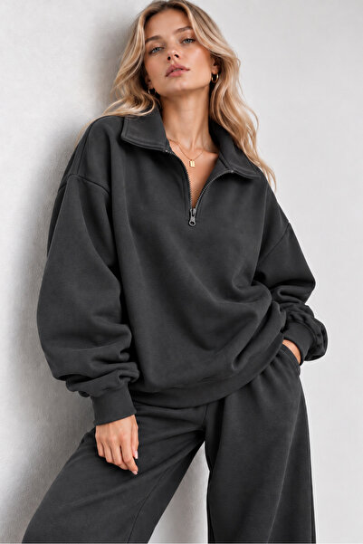 Sun Victoria Kadın Antrasit Polo Yaka Oversize 3 İplik Şardonlu Sweatshirt