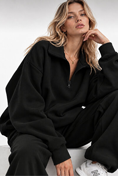 Sun Victoria Kadın Siyah Polo Yaka Oversize 3 Iplik Şardonlu Sweatshirt