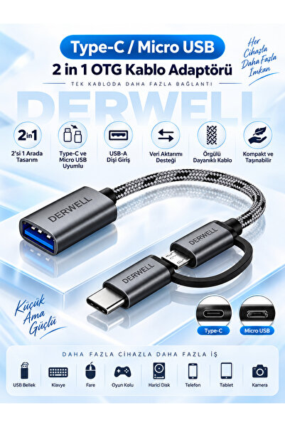 Derwell Yüksek Hızlı Veri Aktarma Usb 3.0 Otg To TypeC Micro Usb Data Şarj Çe...