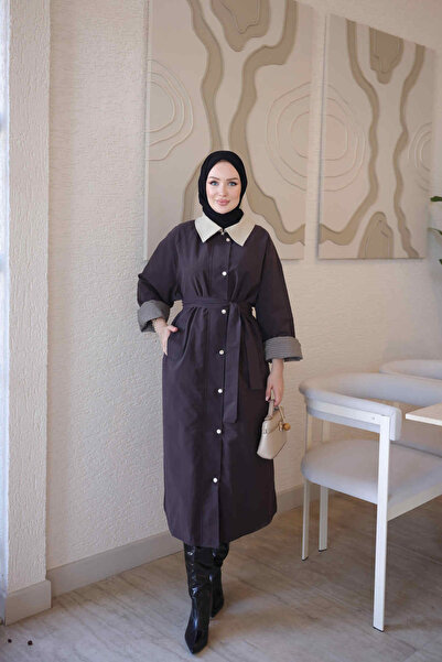 İmajButik Kahverengi Fermuarlı Çıtçıtlı Kemerli Astarlı Trençkot