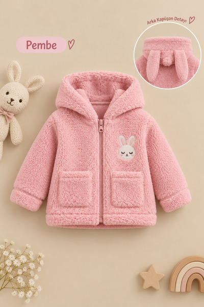 Bubito Kız Bebek Tavşan Nakışlı Fermuarlı Cepli Peluş Welsoft Kışlık Hırka - ...