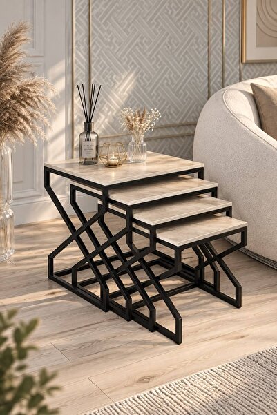 Dekoport Ela 4lü Zigon Sehpa Yan Sehpa Metal Ayak Mdf Membran Tabla
