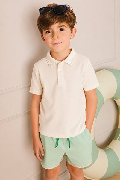 Cigit Embossed Polo Neck T-Shirt 2-10 Years Ecru