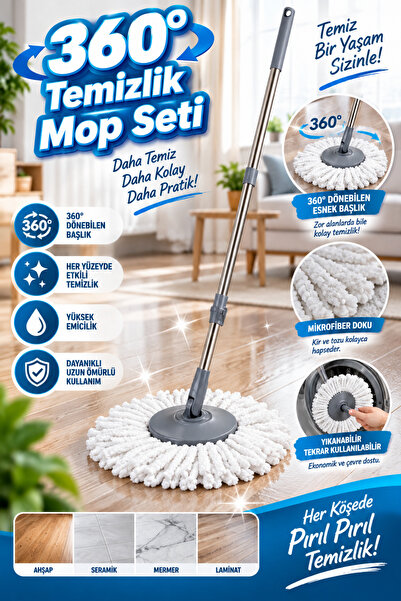 grimorlife 3’lü Döner Mop Seti – 360° Temizlik, Teleskopik Sap, Mikrofiber Ba...