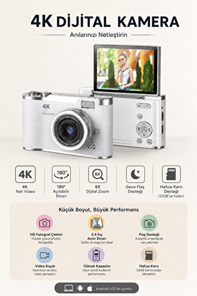 Omaze 4K Dijital Fotoğraf Makinesi 8X Zoom 180° Dönen Flip Ekranlı Flaşlı Vlog Kamera 48MP 32GB Hafıza Kartı Hediyeli