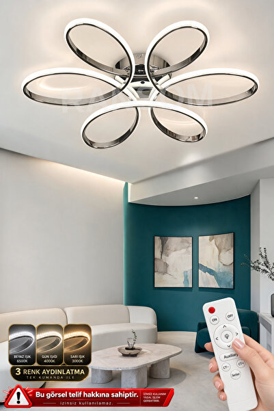 RANSOM 3 Renk Kumandalı Büyük Plafonyer Led Avize Krom Salon Papatya Ledli Avize