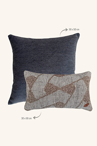Maison Pactole Navy Blue Brown Patterned Padded 2-Piece Throw Pillow Set