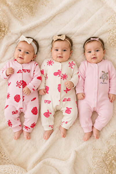 Beniizle Tiny Turtle Patterned 3-Piece Baby Girl Jumpsuit