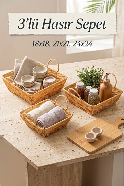 Porsima 303-B Square Patterned 3-Piece Wicker Set - Home and Bathroom Organiz...