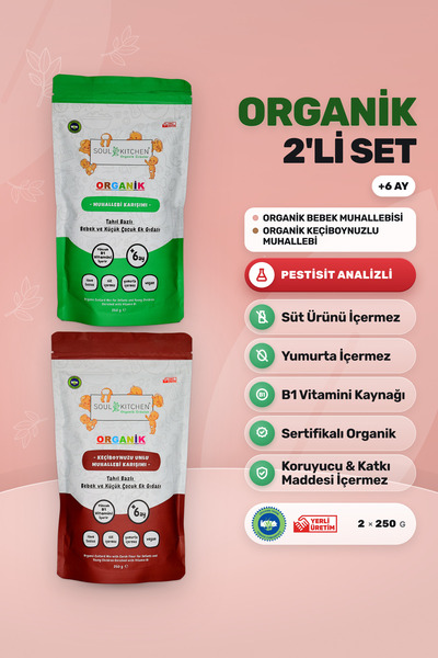 Soul Kitchen Organik Ürünler Organik Bebek Sade ve Keçiboynuzlu Muhallebi B1 Vitaminli 2’li Set Sertifikalı