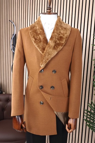 Jan Carlucci Jancarlucci̇ Men's K Double-Breasted Slim Fit Cinnamon Detachable Fur Collar Detailed Cashmere Coat