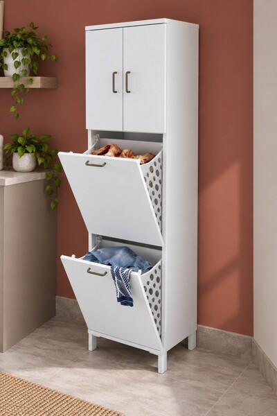 Rani Mobilya Rani KC121 Banyo Dolabı Düşer Kapaklı Raflı Çamaşır Sepeti Bölme...