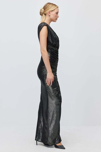PAULMARK Women's Metallic Shimmering Front Gathered V-Neck Sleeveless Long Stylish Dress
