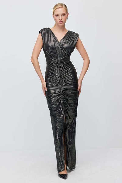 PAULMARK Women's Metallic Shimmering Front Gathered V-Neck Sleeveless Long Stylish Dress