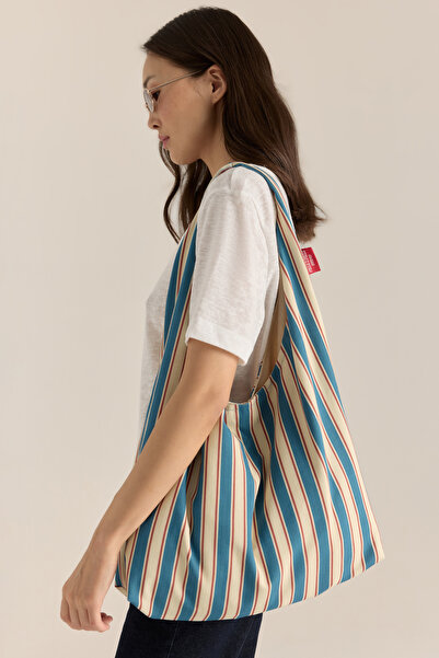 Fille a Fille Design Studio Blue Stripe Omuz Çantası, Kanvas Bez Çanta, Baskılı