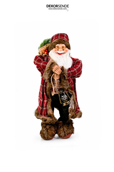 Dekorsende Christmas Plaid Brown Fur Santa Claus Figure Red 60 cm