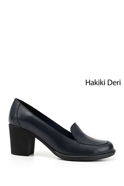 GÖNDERİ(R) Navy Blue Antique Gön Genuine Leather Round Toe Thick Heeled Rubbe...