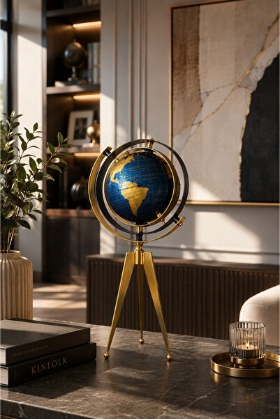 MİS KİTCHEN Lüks Dekoratif Dünya Küresi Gold Ayaklı Mavi Globe Ofis ve Salon ...