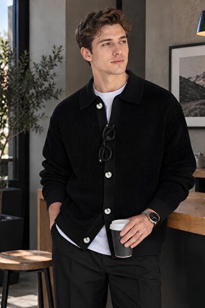 GENIUS STORE Men's Cardigan Oversize Fit Buttoned Polo Collar Knitwear Sweate...