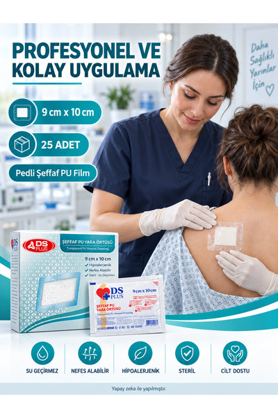 DS Sağlık Su Geçirmez Şeffaf Pu Film Yara Örtüsü DÖVME ÖRTÜSÜ 9CMX10CM (25 Lİ...