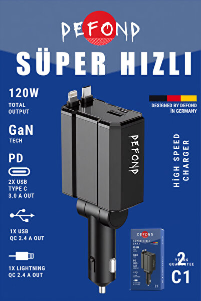 DEFOND Usb C Typec Araç Şarj Aleti,4'ü 1 Arada Hızlı Şarz Araç 66w Araç Usb Ş...