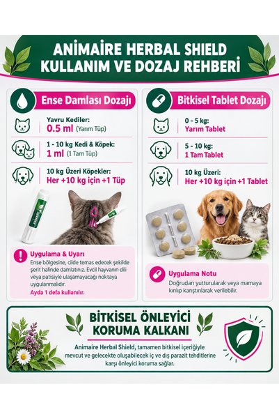 Animaire Herbal Shield Kedi Ve Köpek İç Dış Parazit Koruyucu Set - 5 Adet Bitkisel Damla + 2 Adet Tablet