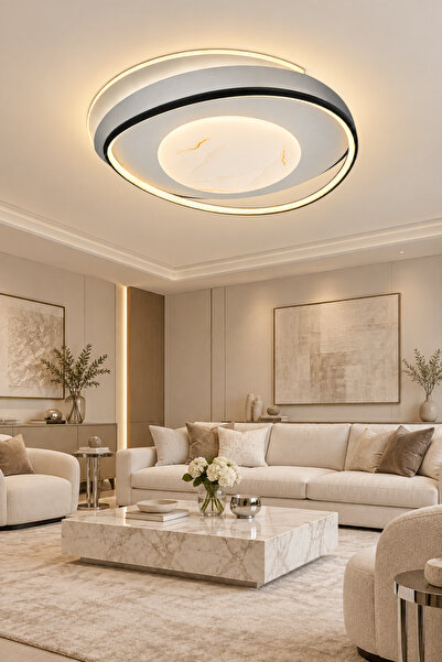 ESSLİGHT Marble 50 Cm Mermer Desenli 3 Renk Işık Özellikli Led'li Avize Salon...