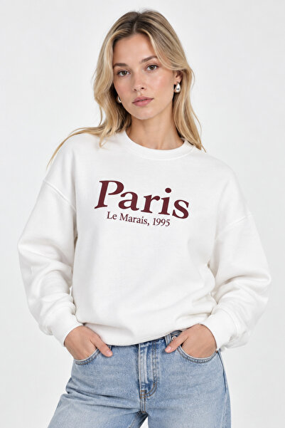 Paris Ön Baskılı Ekru Pamuklu 3 İplik Şardonsuz Kadın Sweatshirt