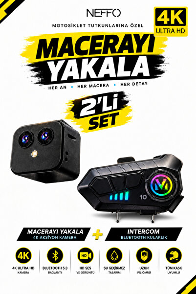NEFFO Motorcu Seti Aksiyon Kamera + Intercom V10 – Motorcu interkom Sürüş İle...