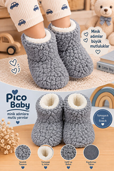 Pico Baby Bebek & Çocuk Kaydırmaz Tabanlı Ev Botu / Panduf / Kışlık Peluş Gri...