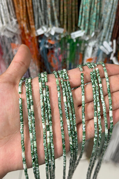 Uçar Doğaltaş Jasper Taşı Silindir Kesim Parlak Yeşil 3x6mm Doğal Taş Dizi [AA]