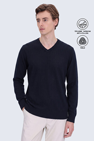 Hatemoğlu Men's Navy Blue Patterned V-Neck Knitwear Sweater