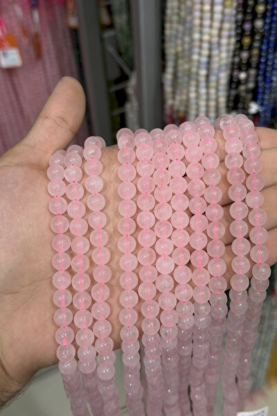 Uçar Doğaltaş Pembe Kuvars Taşı Küre Kesim Parlak 8mm Doğal Taş Dizi [B+]