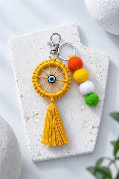 nftart.design Nazar Beaded Ring & Pompom 2-Piece Macrame Charm Keychain/Bag C...