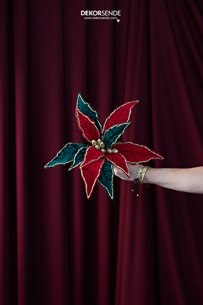 Dekorsende Christmas Ornament Ponsetya Branch with Gold Glitter Red-Green 50 cm