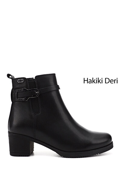 GÖNDERİ(R) Women's Black Zippered Thick Heeled Genuine Leather Boots
